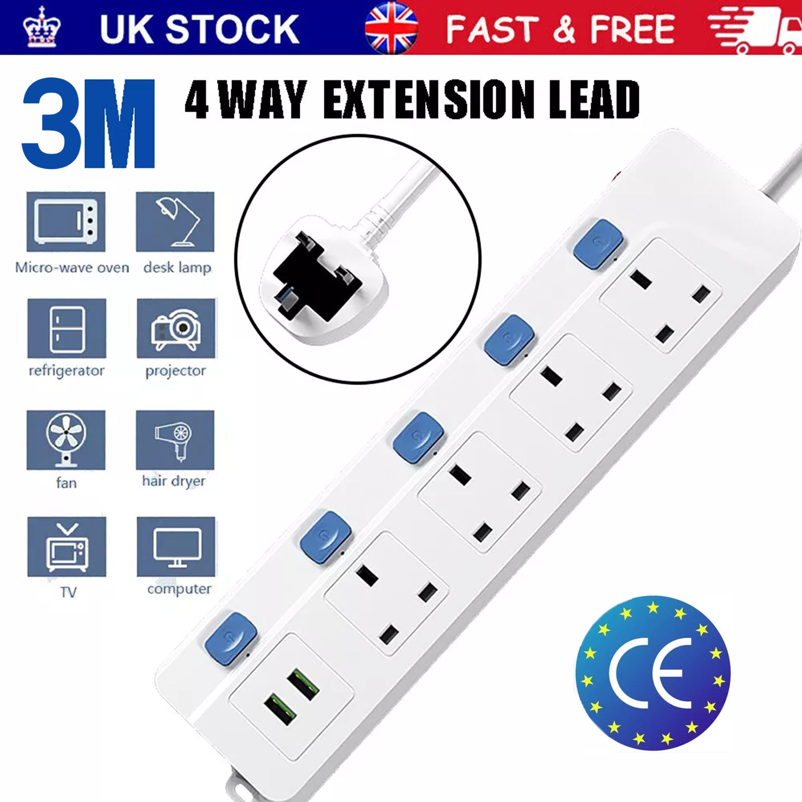 Protected Extension Lead 4 Gang With 2 USB